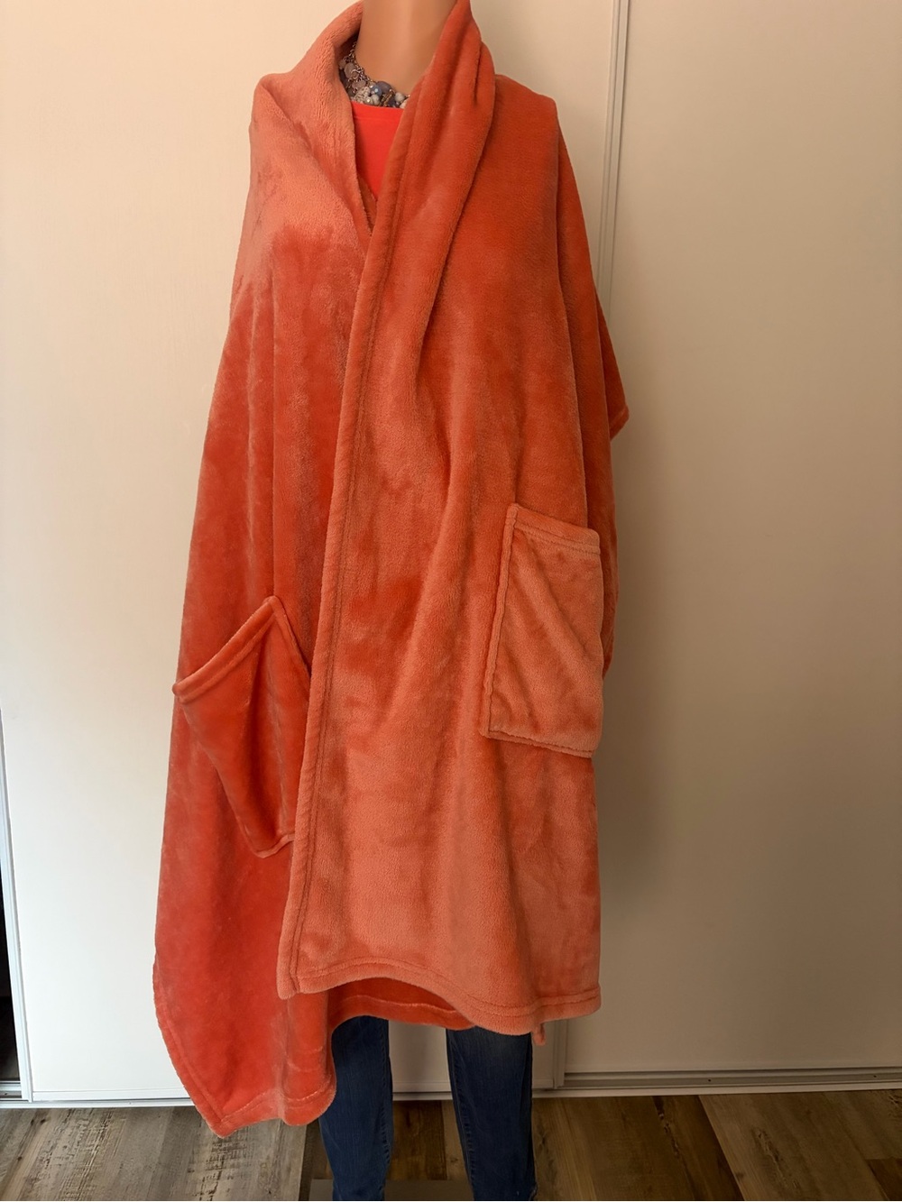 Plush Coral Wrap Coat with Pockets